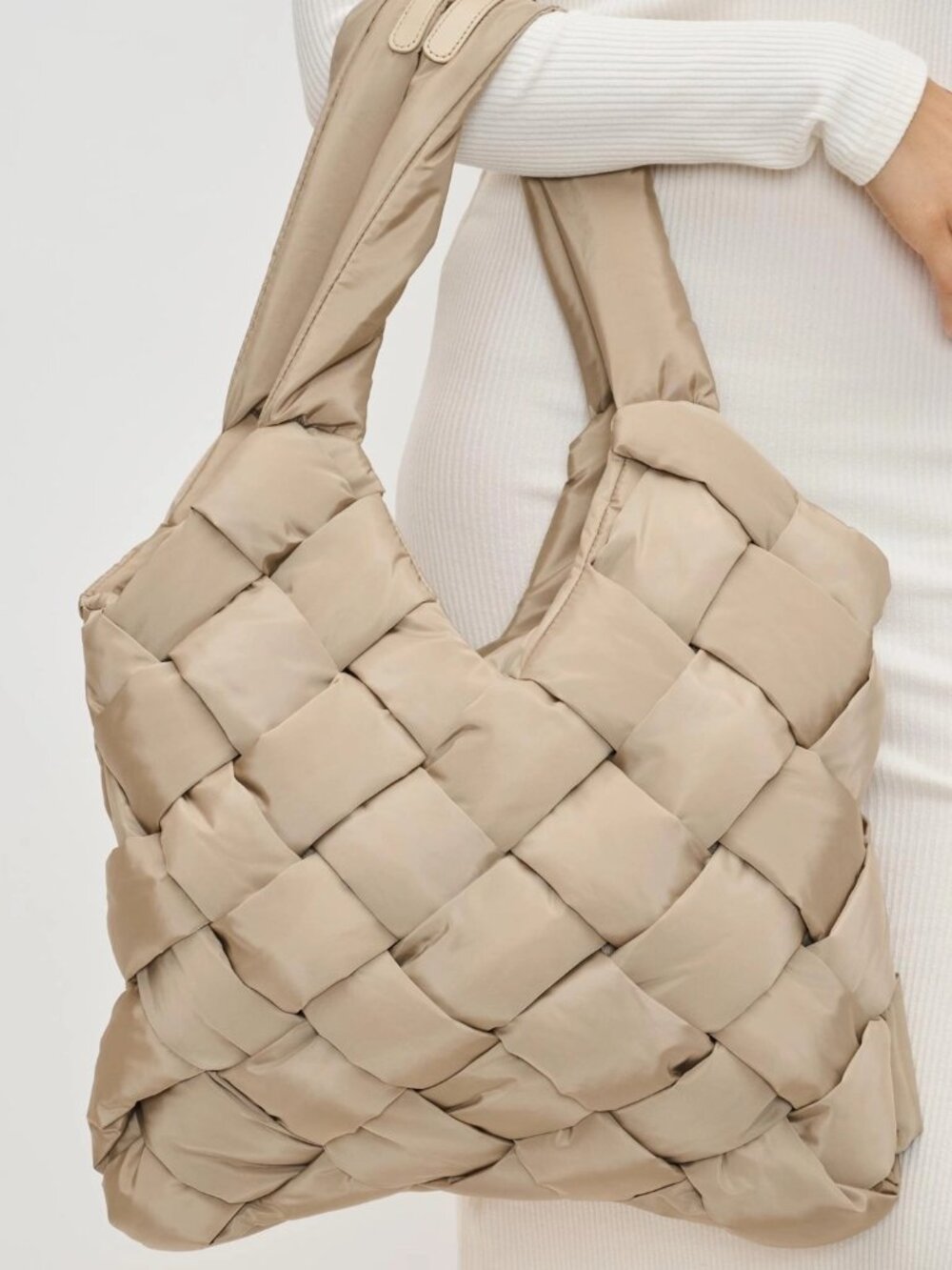 Sol and Selene Illumine Woven Nylon Tote Nude Beige Travel Shoulder Puffer Bag